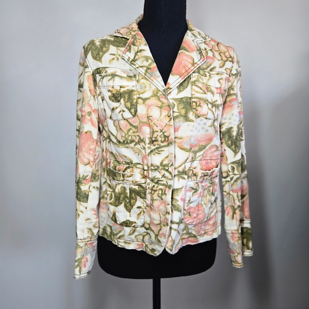 Lux Floral Utility Jacket Womens Size M Pink Green Linen Blend (O1)
